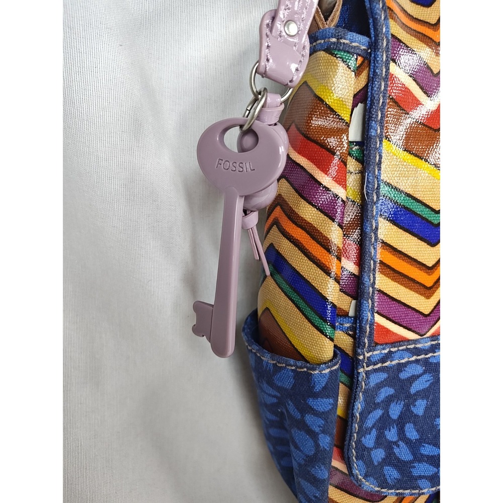 FOSSIL Keyper Flap Crossbody Messenger‎ Bag Stripe Blue Yellow Orange Brown New - Picture 5 of 13